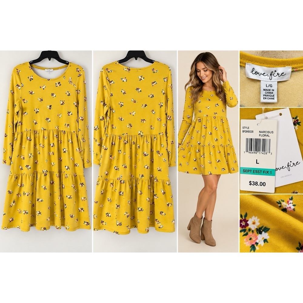 Love Fire Women’s Large Mustard Floral Tiered Babydoll Dress NWT $38 Long Sleeve